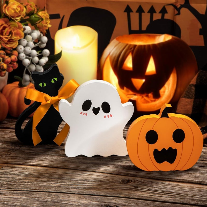 COCHIE Cute Halloween Tiered Tray Decorations Indoor, Ghost Wooden Decor Pumpkin Blocks Signs (Set of 3) - Image 1